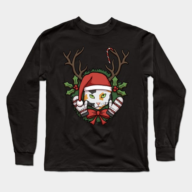 Tricolor Christmas Cat Long Sleeve T-Shirt by Cat Club